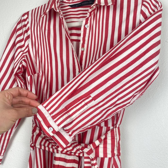 Zara Woman Red and White Stripe A-Line Shirt Dress Maxi Tie Waist Womens S - Picture 7 of 13